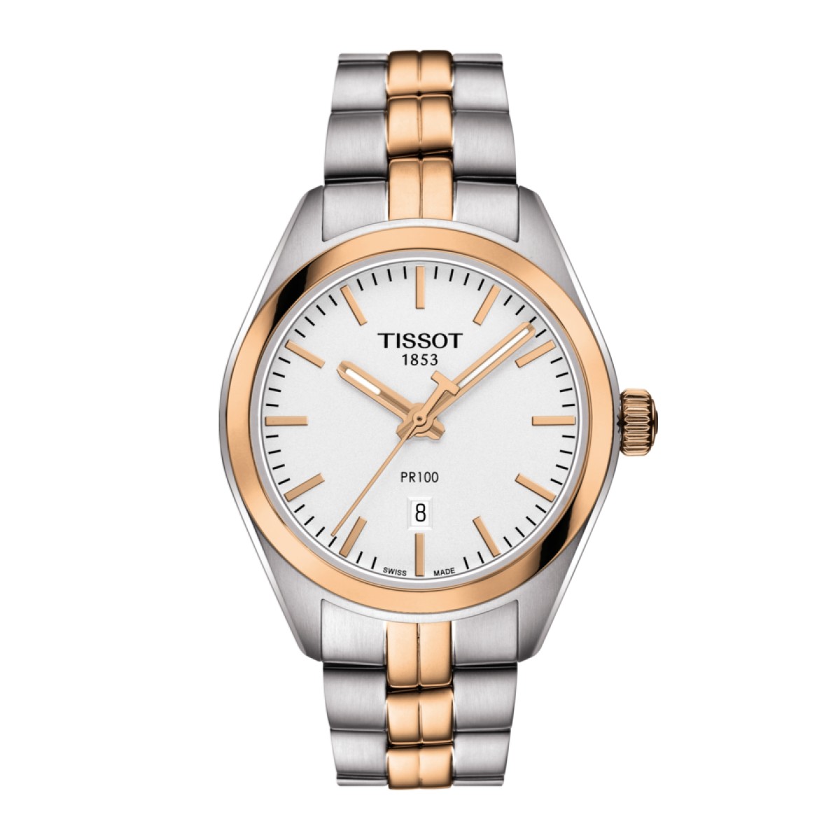 Reloj Tissot hombre Pr100 con esfera blanca y correa marrón